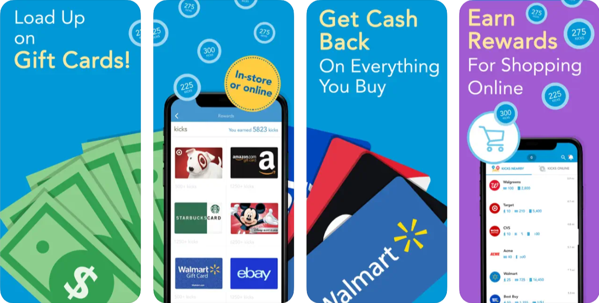 Shopkick mobile app displaying a phone with a gift card and cashback offers.