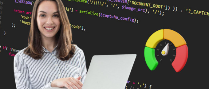 A woman is conducting soak testing in front of a computer screen with code on it.
