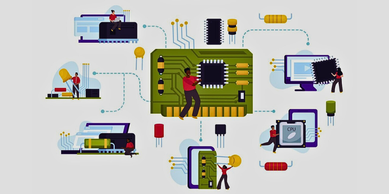 An illustration of a circuit board with people around it.