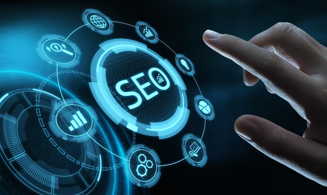 A hand is pointing at a seo icon.