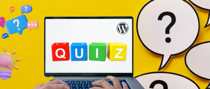 A person using a laptop with the word quiz on it.