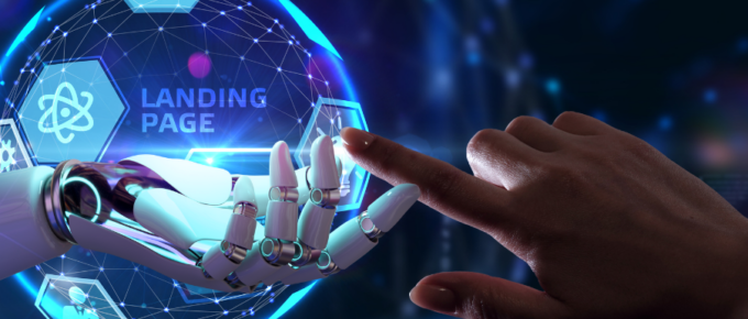 A person's hand is touching a screen with the word landing page.