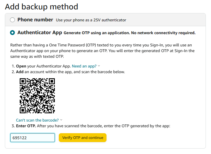 A screenshot of the add backup method screen.