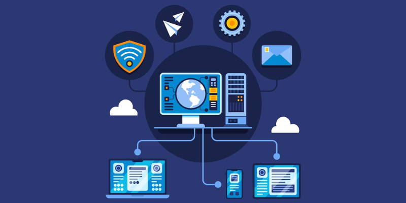 An illustration of a computer with various icons on it.