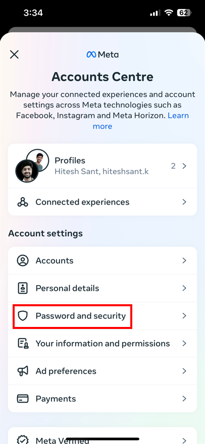 A screenshot of facebook's account and security settings.