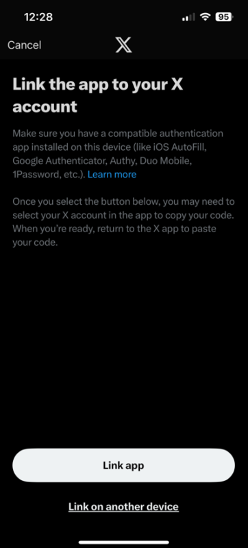 Link the app to your x account screenshot.