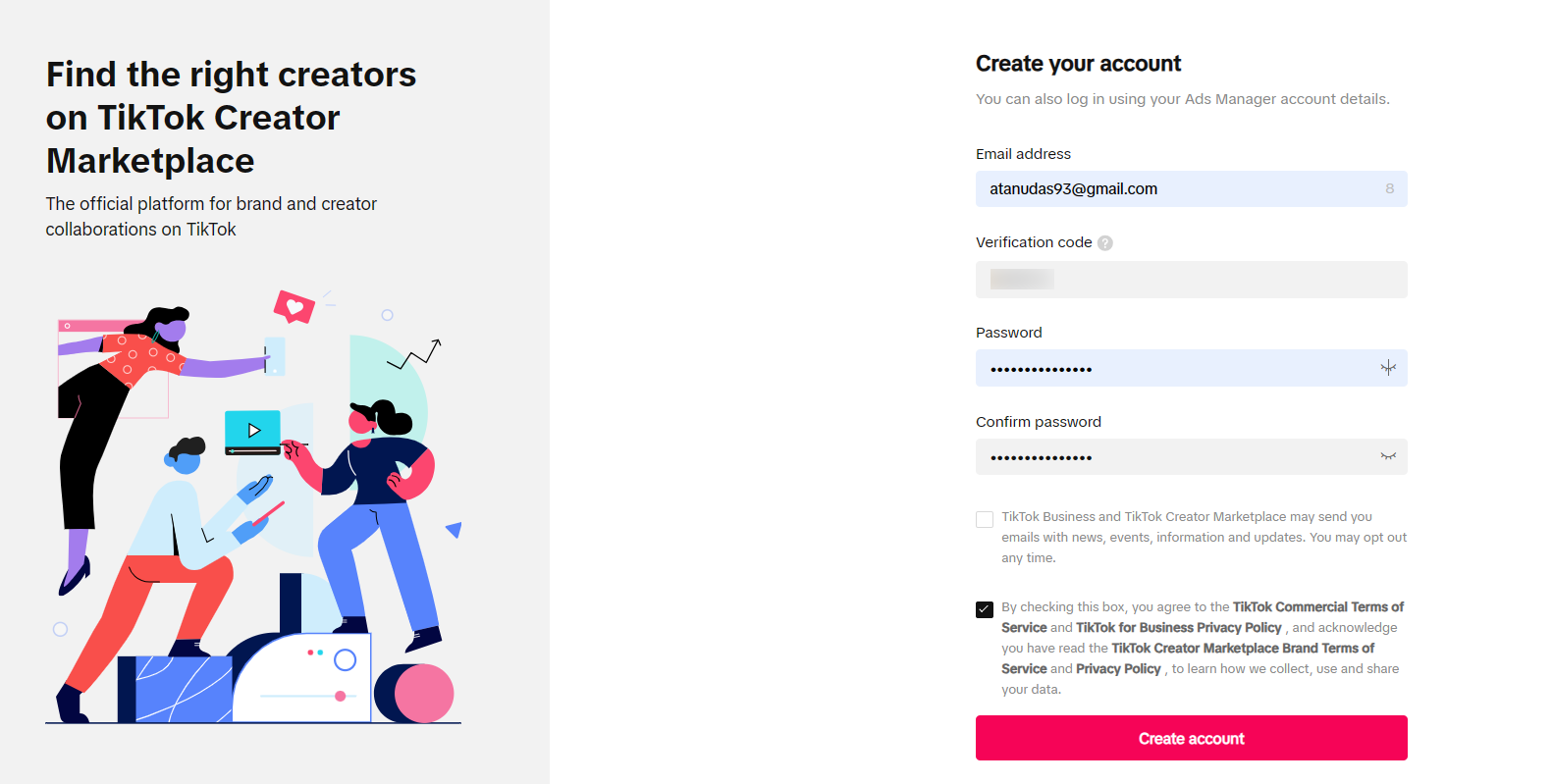 Sign-up TikTok Creator Marketplace