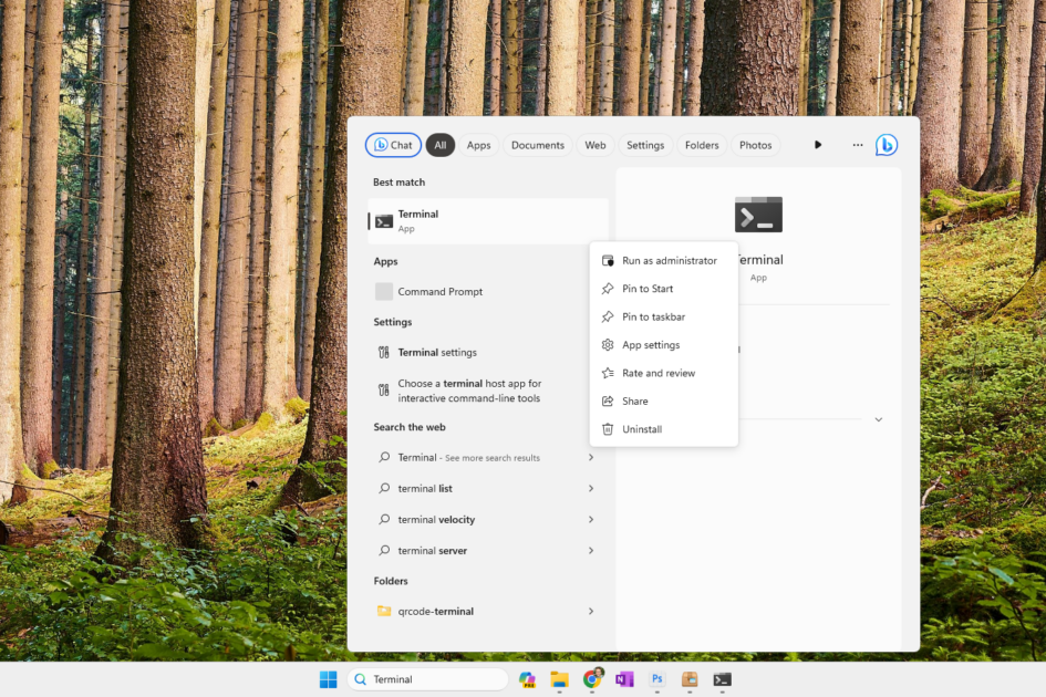 Windows Terminal's Run as administrator option in the Start menu