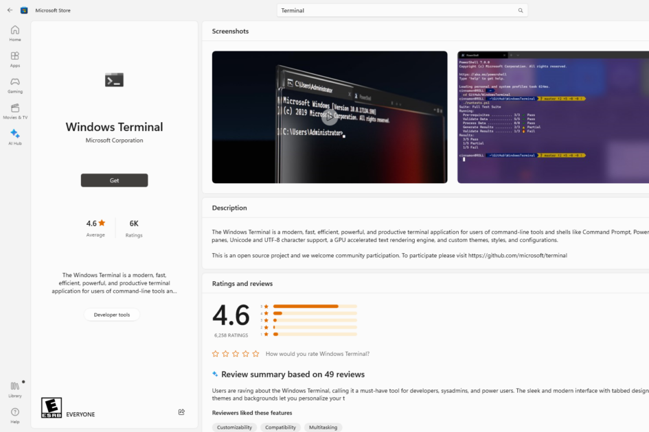 Windows Terminal app in Microsoft Store