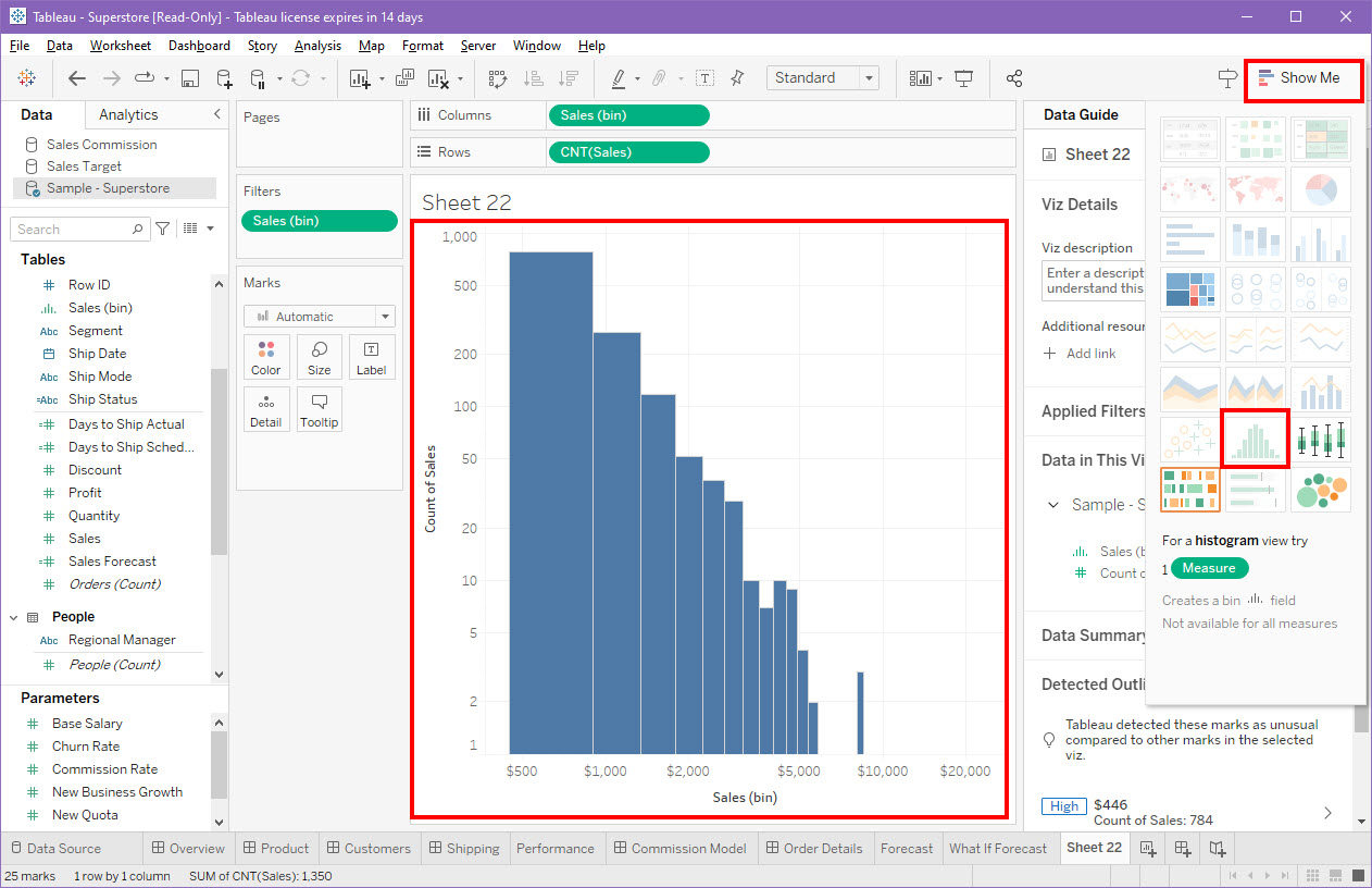 Created a histogram on tableau using show me