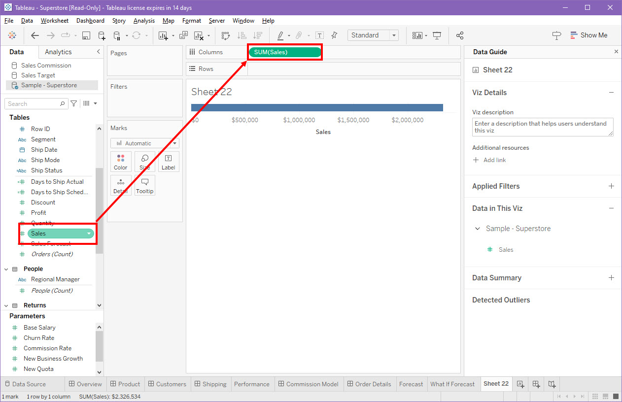 Drag sales measure to column
