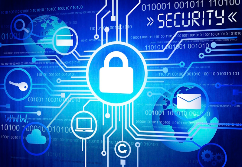 a blue background with a lock and symbols