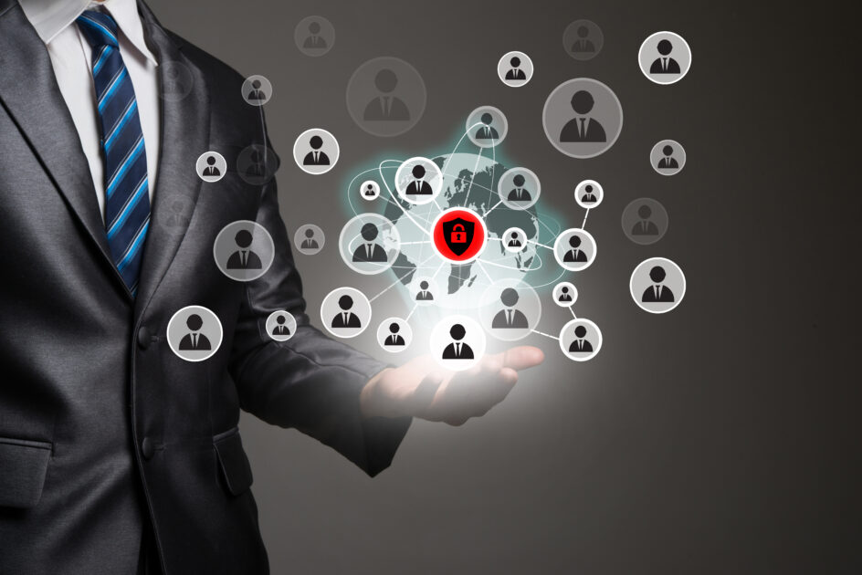 Businessman hand with people icons network connection. Business