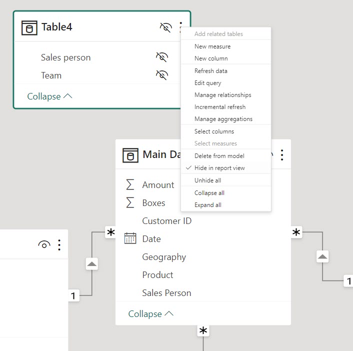 More options for power bi data model cards