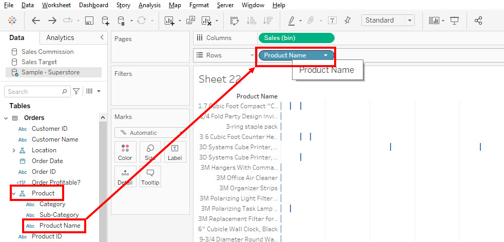 Product name in rows