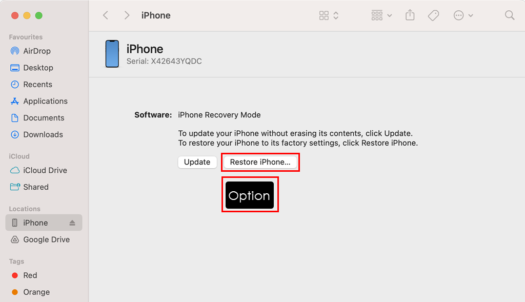 Restore iPhone on Finder Mac