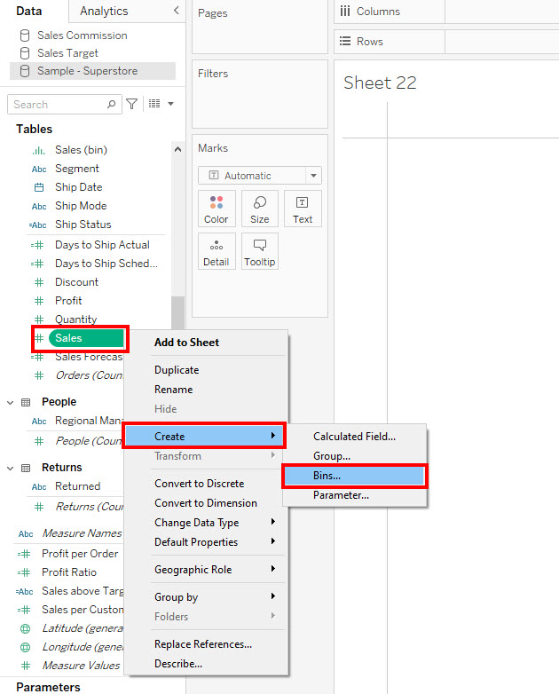 Creating bins from sales