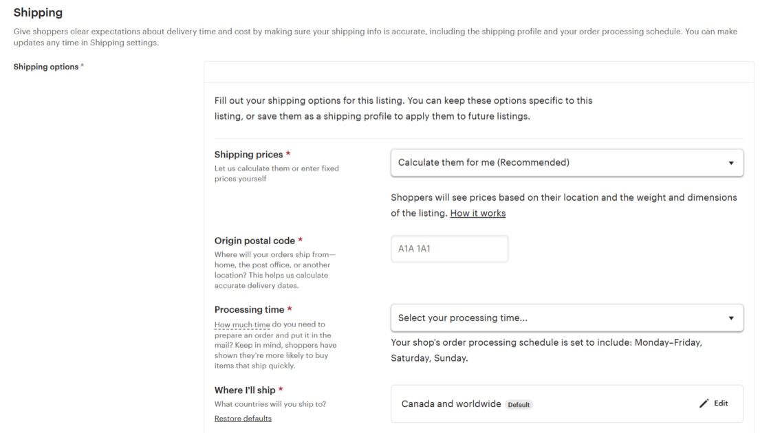 Shipping Info For Listing