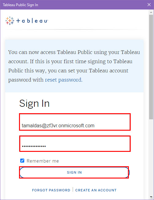 Sign in to tableau public