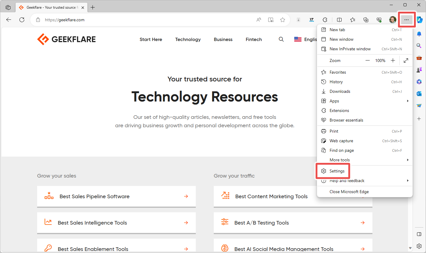 The menu button and Settings option in the Edge browser on Windows 11