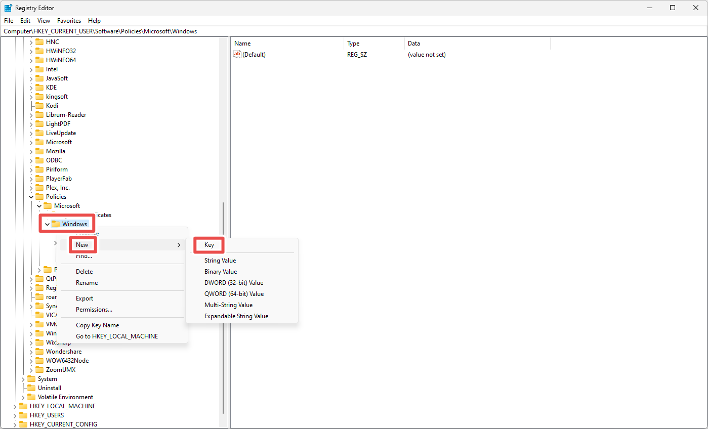 Creating a new registry key from the Windows subkey in Windows 11 Registry Editor