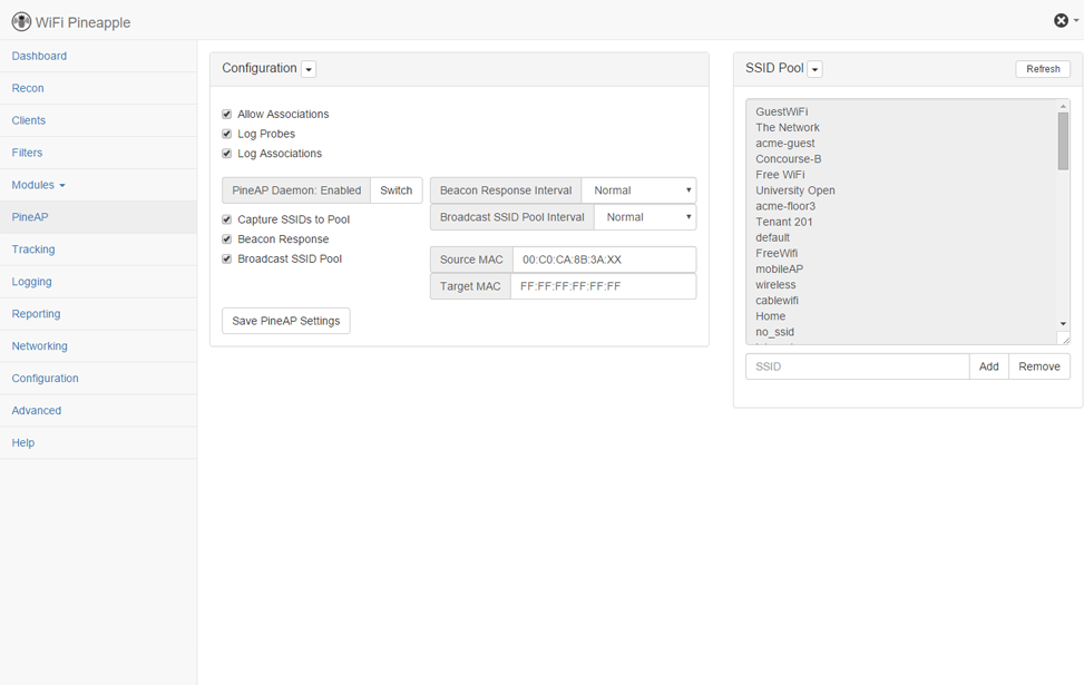 Wi-Fi Pineapple attack dashboard