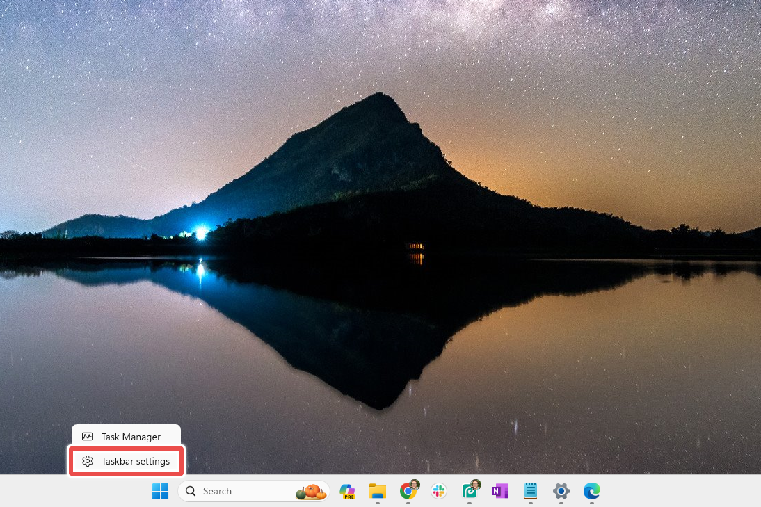 Taskbar settings option from the right-click menu on the Windows 11 taskbar