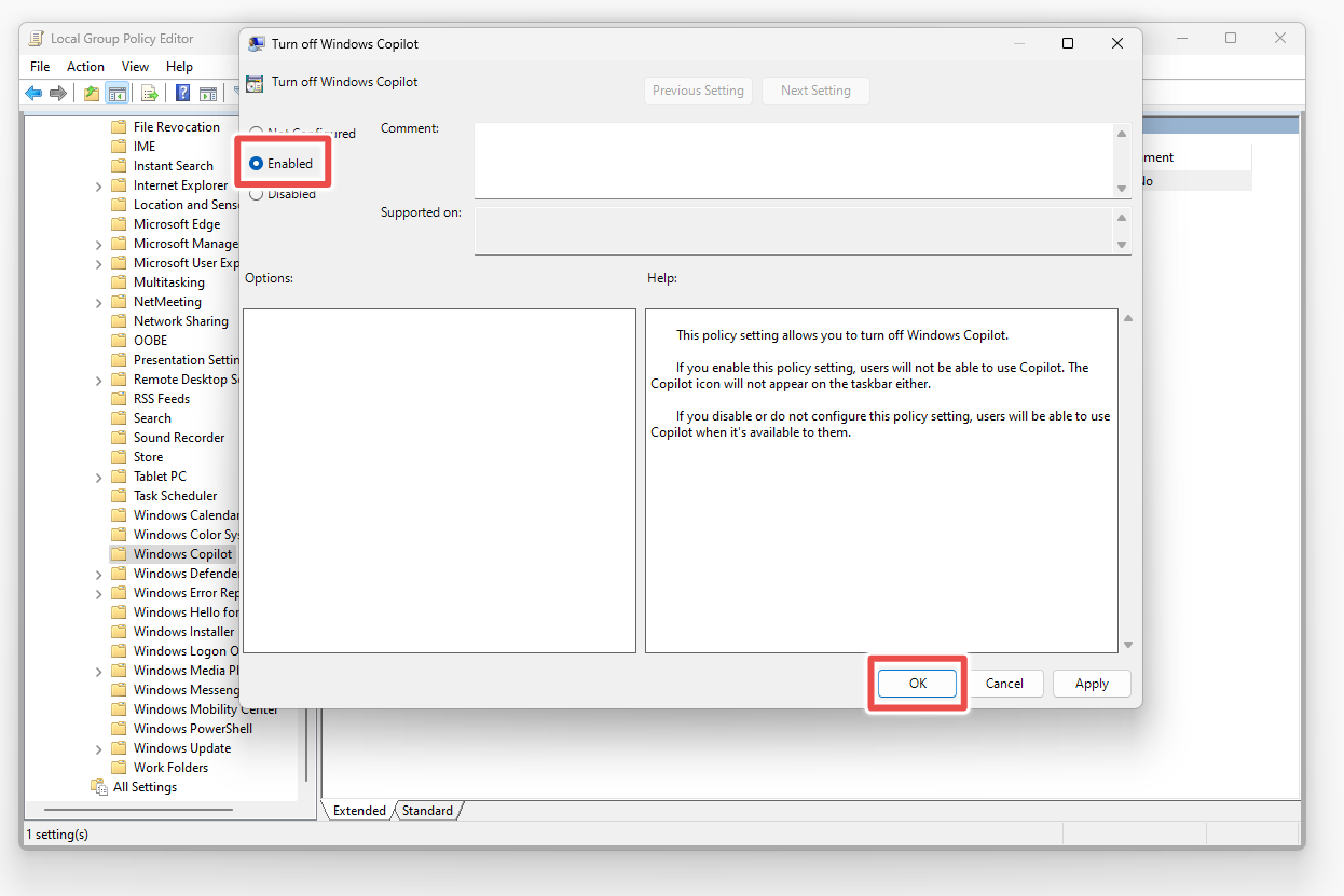Windows 11 Group Policy for turning off Copilot