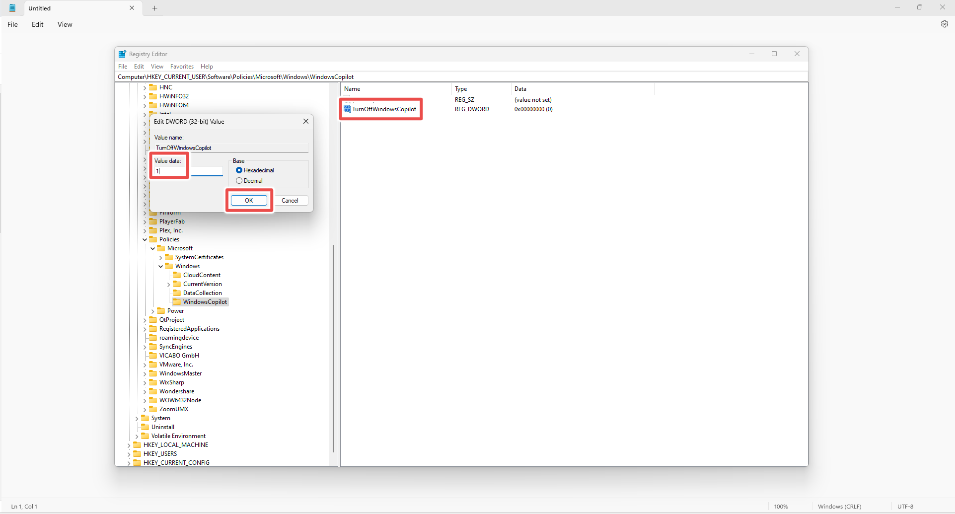 The turnoffwindowscopilot registry value in Windows 11