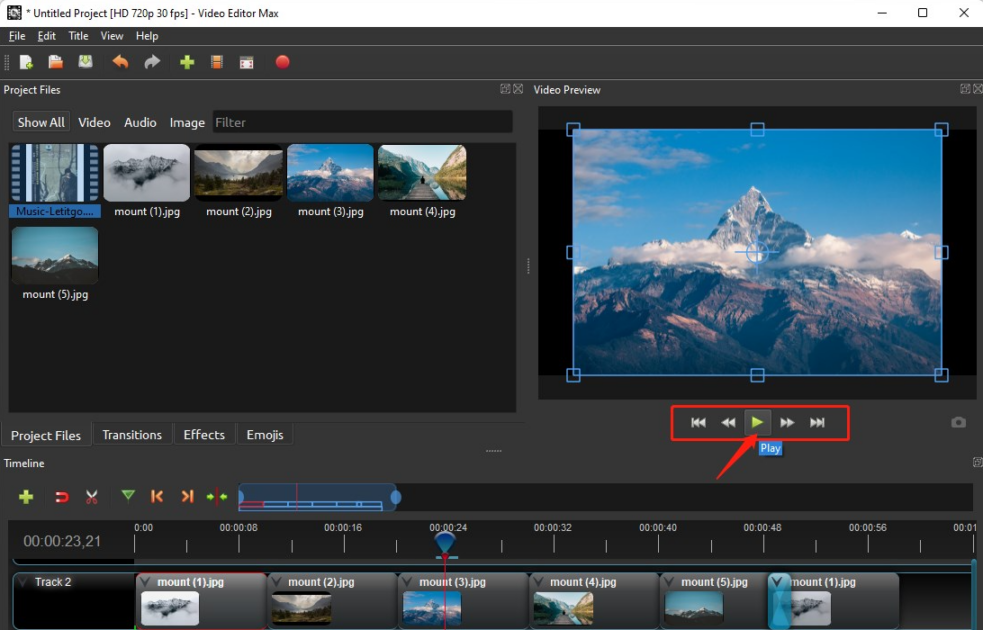 Playback controls highlighted in Video Editor Max