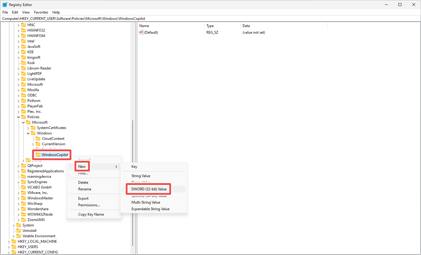 Creating a new DWORD value in the Windows 11 registry