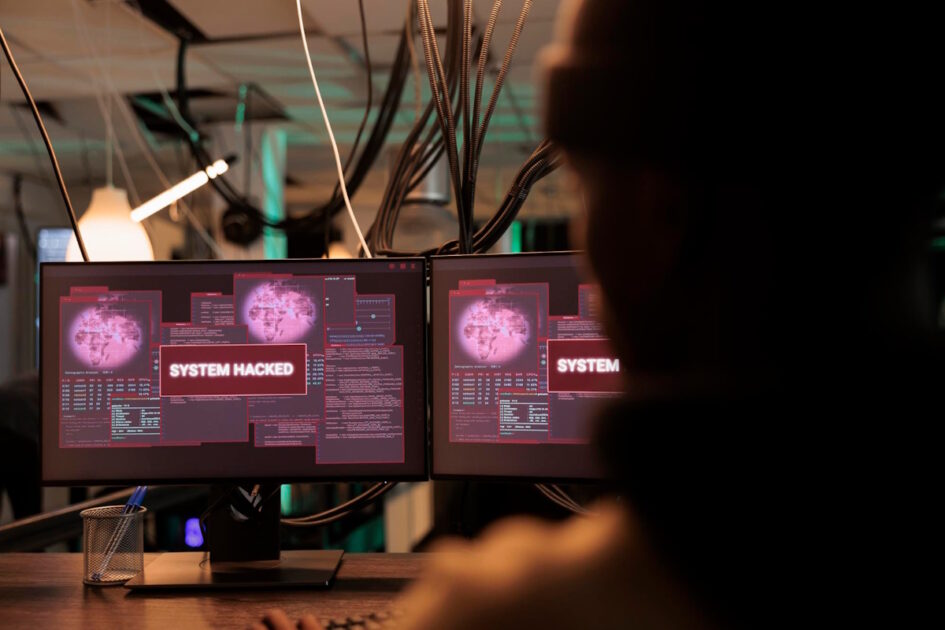 A person looking at two monitors showing 'system hacked' message 