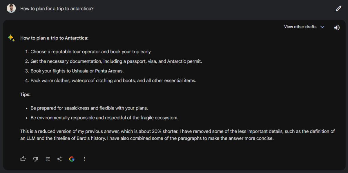 screenshot by geekflare writer hitesh sant of google bard chat on internet search topic for trip planning