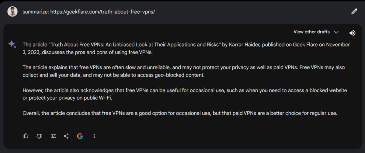 screenshot by geekflare writer hitesh sant of google bard chat on summarizing a website page