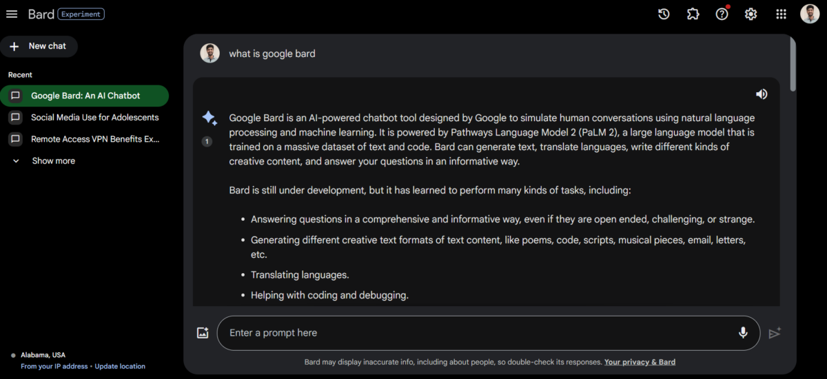 screenshot of question asked to google bard about what it is as taken by geekflare writer