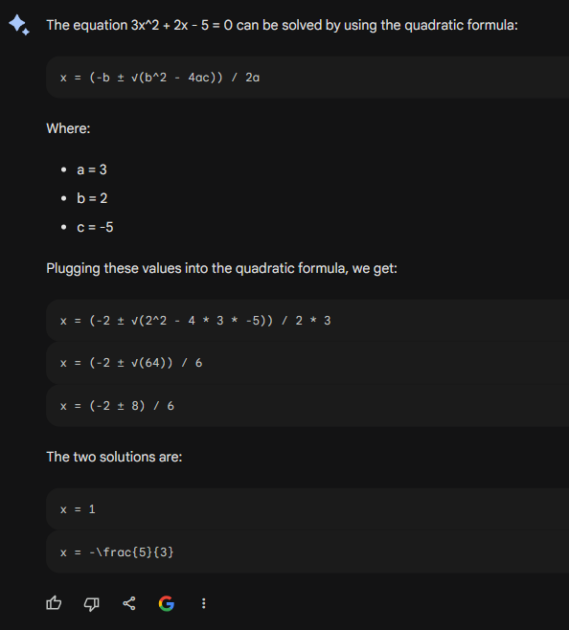 screenshot by geekflare writer hitesh sant of google bard chat on solving quadratic equation
