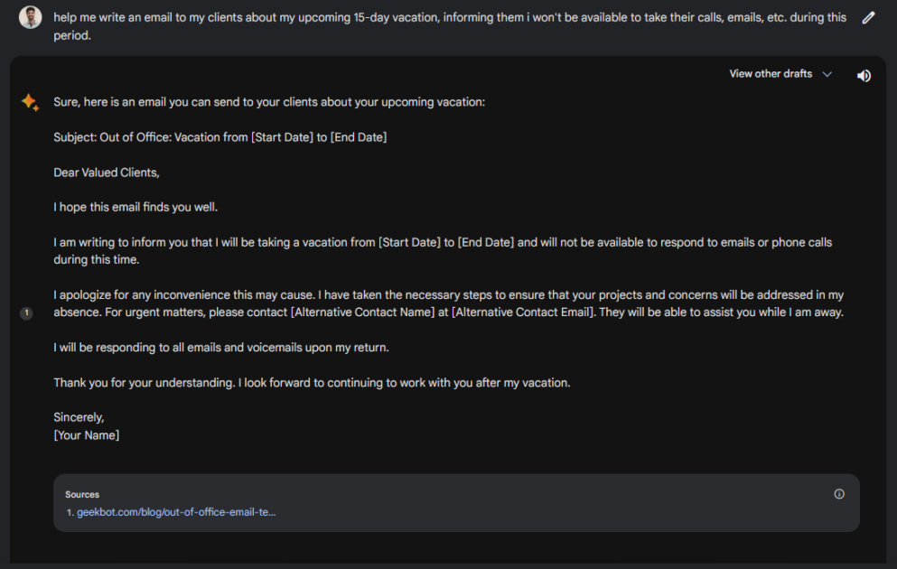 screenshot by geekflare writer hitesh sant of google bard chat on writing an email