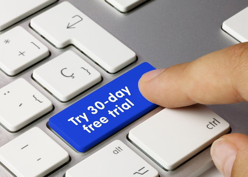 Try 30-day free trial - Inscription on Blue Keyboard Key.