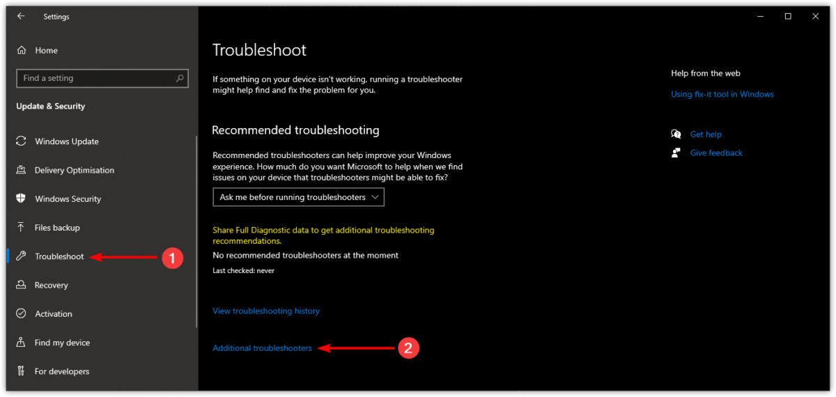 Open additional troubleshooters from Windows