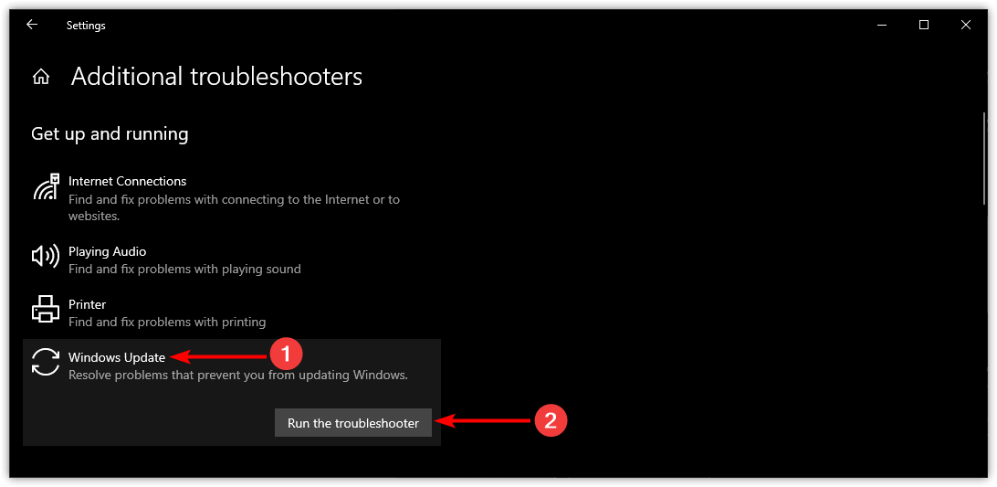 Start windows troubleshooter to solve the 0x80070643 Error on Windows