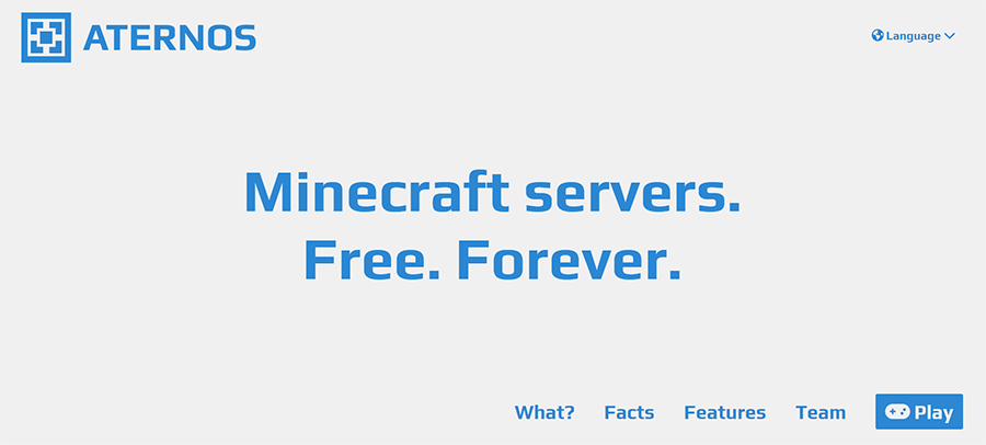 Aternos' homepage showing the company logo and the text "Minecraft servers. Free. Forever."