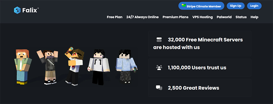 Falix's homepage stating that it has 32,000 free Minecraft servers, 1,100,000 trusted users, and 2,500 great reviews.