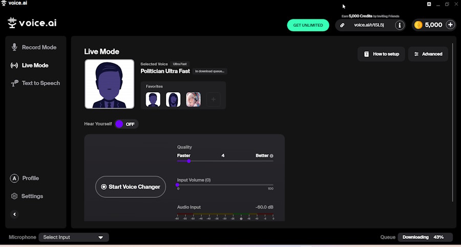 Voice.ai "Live Mode" screen.