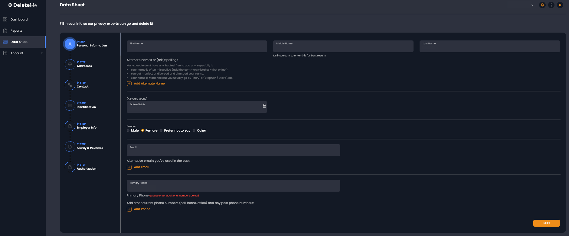 DeleteMe Data sheet