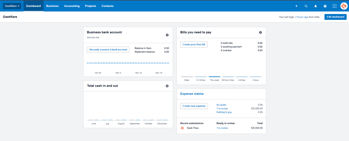 Xero dashboard