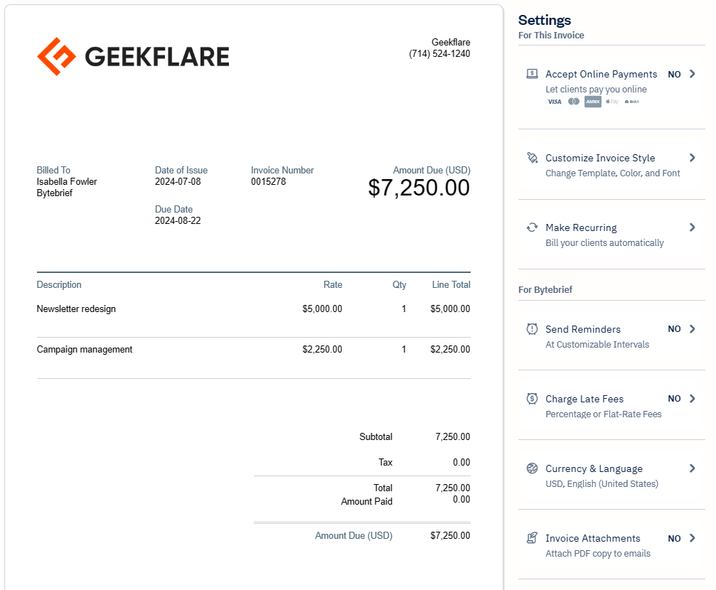 FreshBooks invoice