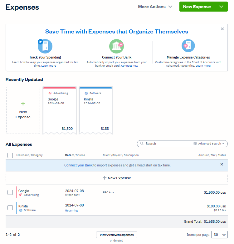 FreshBooks expenses