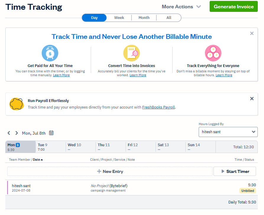 FreshBooks time tracking