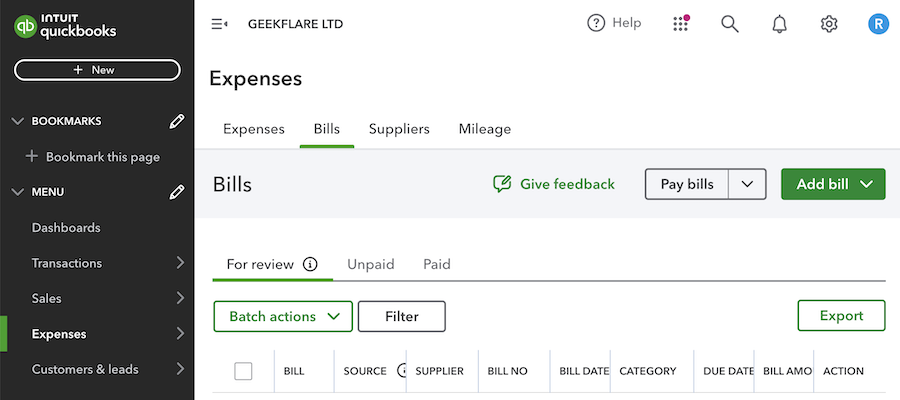 quickbooks bills