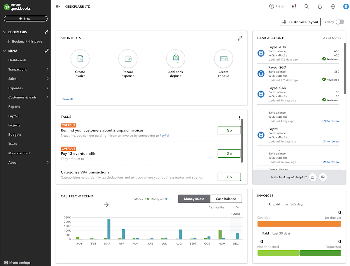 quickbooks dashboard